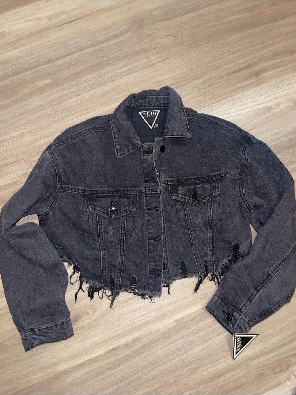 Trio Urban Blessed Virgin Mary Cropped Denim Jacket Black S/M - Picture 4 of 6